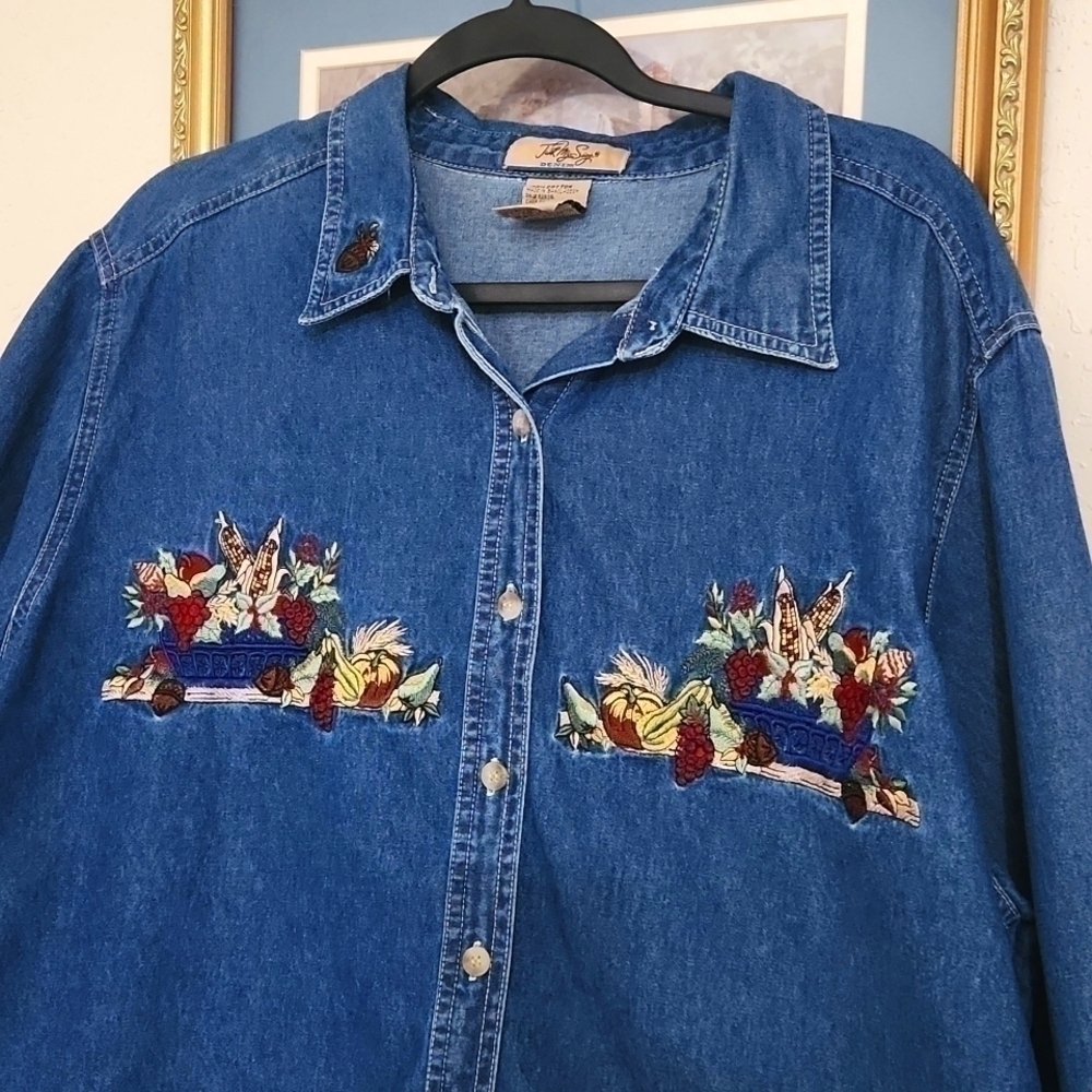Vintage Fall Harvest Denim Top  Embroidered Autumn Pumpkin Patch Size 18 XL